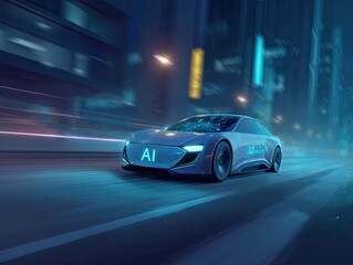 Futuristic electric autonomous vehicle gliding through a neon-lit urban night