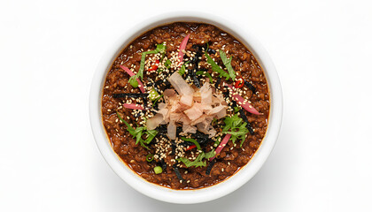 Bowl of Japanese Soboro Donburi, minced meat rice bowl, overhead view.
