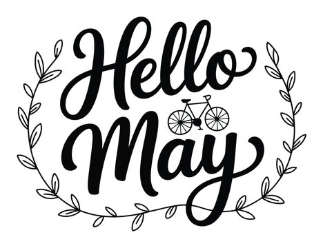 A graphic design featuring the text 'Hello May' surrounded by a leafy wreath and a bicycle icon.