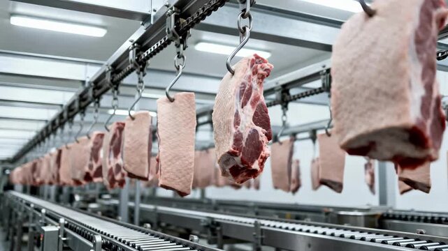 Medium shot of an automated carcass hoist line featuring a chain drive system lifting meat carcasses smoothly along an overhead rail through processing stages.