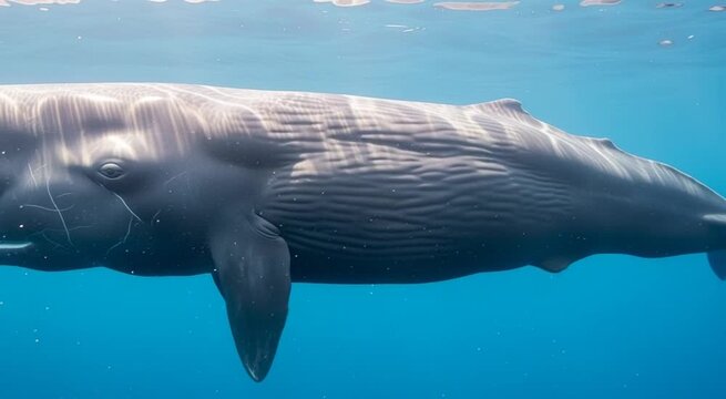 Sperm whale swimming underwater in crystal clear blue ocean