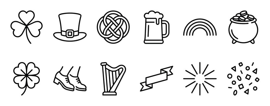 Collection of St Patrick's Day line icons featuring a shamrock, leprechaun hat, pot of gold, beer mug, and Celtic knot, rendered in a clean black and white minimalist style for holiday celebrations