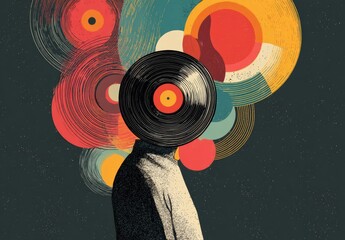 Person with vinyl record head surrounded by colorful abstract concentric circles