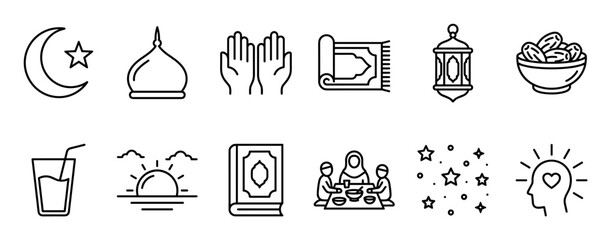 Islamic and Ramadan themed line icon set with symbols of faith and celebration like a mosque dome, Quran, praying hands, lantern, dates, and a family sharing an Iftar meal