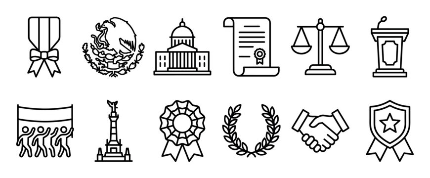 Set of twelve black outline icons representing government, law, justice, and national pride with symbols like a capitol, scales, medal, and monument in a clean minimalist style