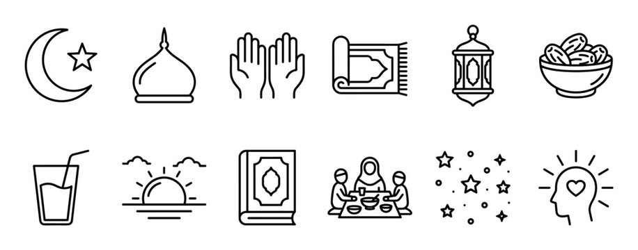 Islamic and Ramadan themed line icon set with symbols of faith and celebration like a mosque dome, Quran, praying hands, lantern, dates, and a family sharing an Iftar meal