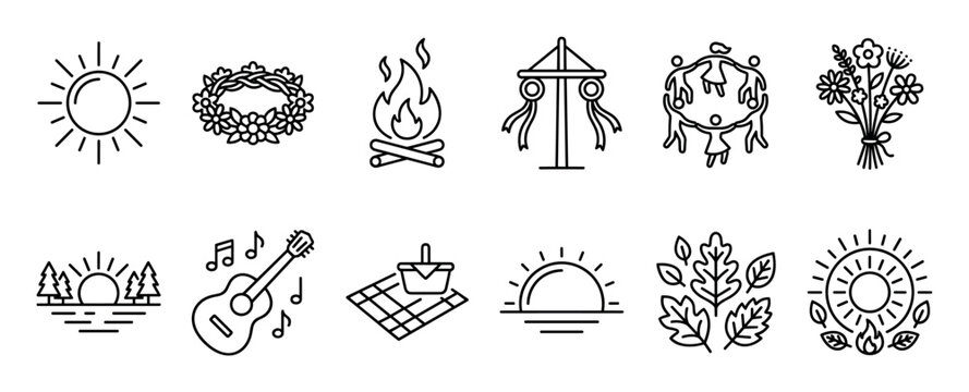 Collection of black line art icons for the summer solstice celebration, including a maypole, bonfire, flower wreath, sun, and picnic symbols for a festive seasonal event