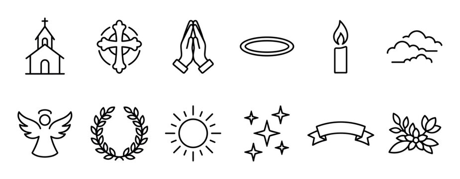 Christian faith and spirituality line icon set with a church, cross, angel, praying hands, halo, and sun for religious themes and memorial concepts