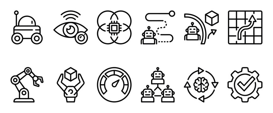 Collection of artificial intelligence and robotics icons representing machine learning, automation, computer vision, and pathfinding in a minimalist linear style