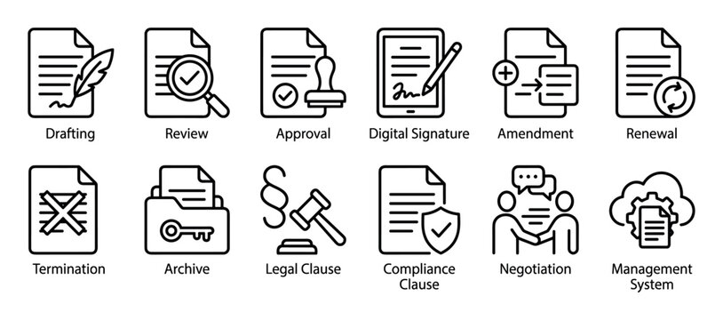Business document and contract management icons representing the lifecycle from drafting and negotiation to approval, renewal, termination, and archiving in a clean, minimalist line art style