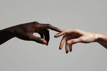 Two hands, one dark-skinned and one light-skinned, reach towards each other