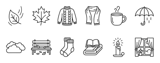 Fototapeta premium Collection of twelve autumn-themed line icons including a cozy sweater, warm scarf, hot mug, falling leaves, and rainy umbrella in a simple black and white design