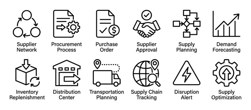 Set of supply chain management icons representing procurement, logistics, planning, and transportation processes in a clean, minimalist line art style for business concepts