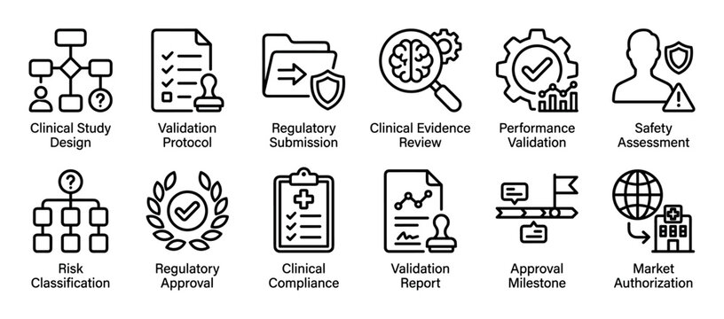 Set of black line icons representing clinical study design and regulatory approval process for medical products, showing validation, compliance, and market authorization stages