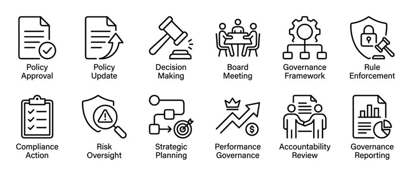 Collection of black line icons representing corporate governance, policy management, compliance, and risk oversight concepts for business presentations and user interface design