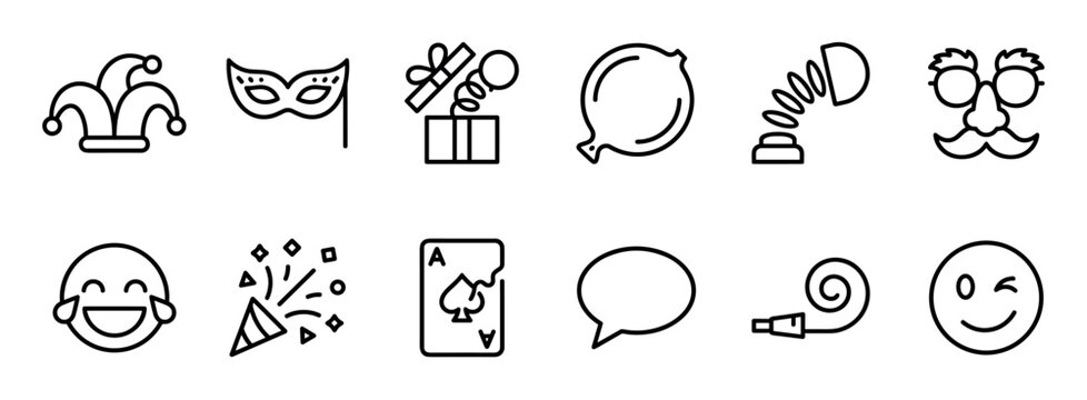 Set of black line art icons for April Fools' Day featuring a jester hat, prank glasses, a party popper, laughing emoji, and other fun symbols for jokes and celebration