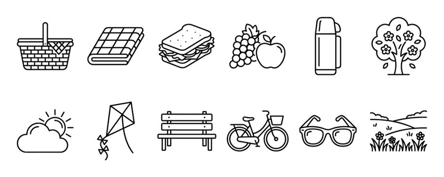 Set of black line art icons for a summer picnic featuring a basket, sandwich, fruit, bicycle, kite, and park bench in a simple minimalist vector illustration style
