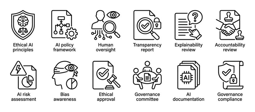 Set of twelve ethical AI governance line icons representing principles, policy framework, human oversight, transparency, explainability, accountability, risk, bias, and compliance