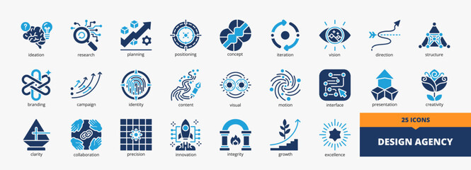 Naklejka premium Set of a collection of design agency icons suitable for web and mobile application. Set of glyph blue style icons with ideation, research, planning, positioning, concept, and more icons