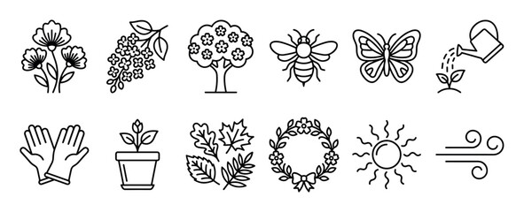 Black line art icon set for spring and nature themes, with a flower, tree, bee, butterfly, watering can, gardening gloves, potted plant, leaves, wreath, sun, and wind