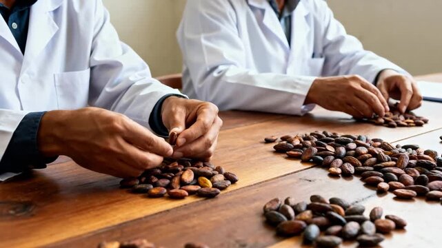 Medium shot of inspectors grading organic cacao beans on wooden tables focusing on quality checks and adherence to organic standards in production.