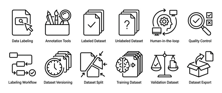 Set of black line icons for data labeling and dataset management concepts in machine learning, featuring symbols for workflow, quality control, annotation, and AI development