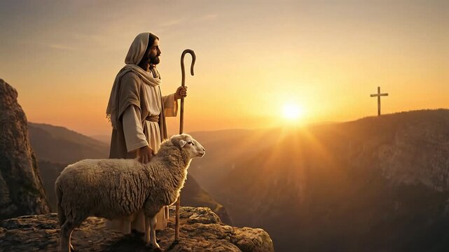Jesus Christ Good Shepherd Standing on Cliff with White Sheep Looking at Distant Wooden Cross on Hill at Sunset Depicting Easter Resurrection and Divine Sacrifice Concept Scene
