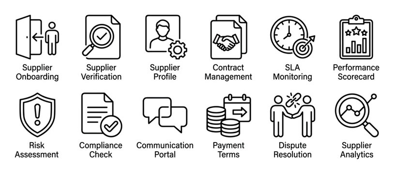 Supplier management line icon set illustrating onboarding, verification, contract management, risk assessment, and performance analytics for business process presentations