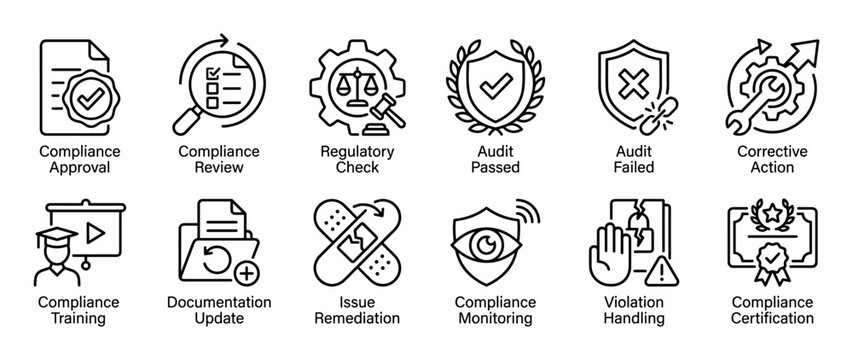 Set of twelve business compliance and regulatory line icons representing approval, review, audit passed or failed, corrective action, training, and documentation in a clean outline style