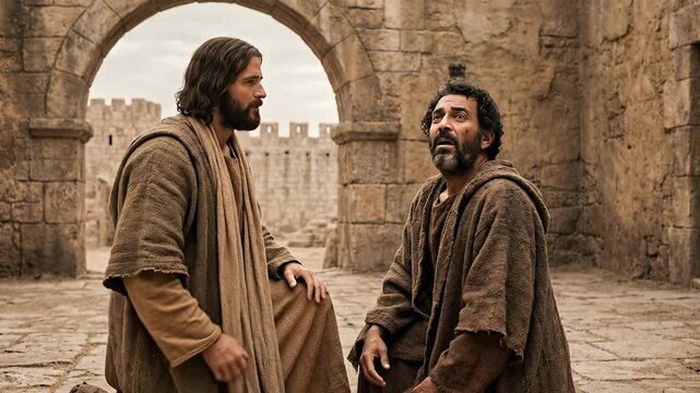 Biblical Scene of Jesus Christ Healing Blind Beggar Bartimaeus Sitting on Ground near Ancient City Stone Walls Depicting Divine Miracle of Sight Restoration and Compassion in New Testament History