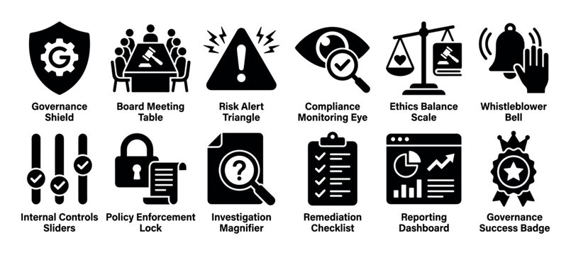 Set of black glyph icons for corporate governance, risk management, and compliance, featuring symbols for ethics, policy, reporting, and internal controls