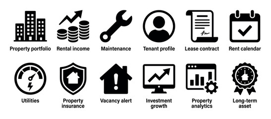 Set of black property management icons representing concepts like rental income, maintenance, lease contracts, and investment growth for real estate business applications