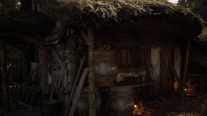 Naklejka premium Thatched cottage interior lit by firelight, old cooper workshop with barrels, wooden beams, tools, ember glow, flickering lantern, smokelaced air, mossy