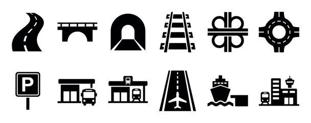 Collection of black transport icons showing a road, bridge, tunnel, railway, junction, roundabout, parking sign, bus and train stations, airport runway, and a shipping port