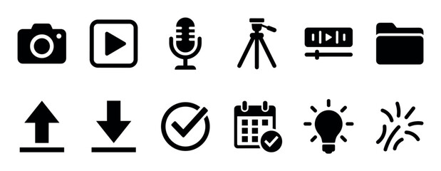 Set of twelve flat black icons representing content creation, media production, and web interface elements like camera, play, upload, download, and checkmark symbols