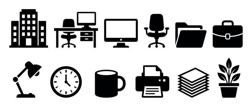Collection of twelve black silhouette icons representing office equipment and business concepts like a building, desk, computer, chair, folder, briefcase, lamp, clock, and printer