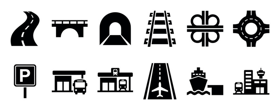 Collection of black transport icons showing a road, bridge, tunnel, railway, junction, roundabout, parking sign, bus and train stations, airport runway, and a shipping port