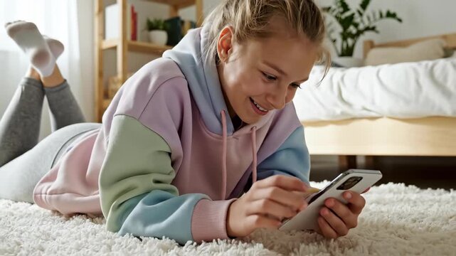 Teenage girl lying on a rug using a smartphone at home. Happy young woman scrolling on mobile phone in a bright bedroom. Gen Z lifestyle and digital communication concept