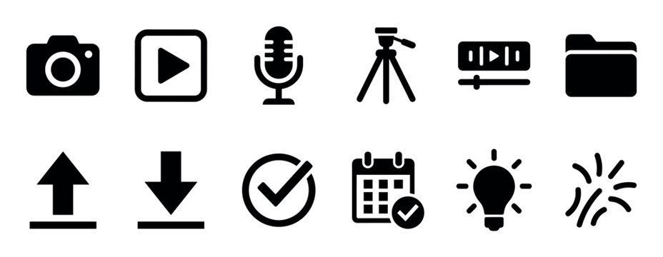 Set of twelve flat black icons representing content creation, media production, and web interface elements like camera, play, upload, download, and checkmark symbols