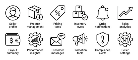Set of black line icons for an e-commerce seller dashboard representing functions like product management, sales analytics, inventory levels, and customer messages