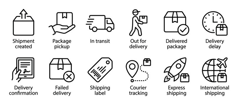 Shipping and delivery service line icon set illustrating parcel tracking, courier transit, express shipment, and logistics stages for e-commerce in a simple outline style