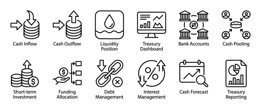 Set of treasury management line icons illustrating corporate finance concepts like cash flow, liquidity, investment, debt, reporting, and forecasting in a clean vector style