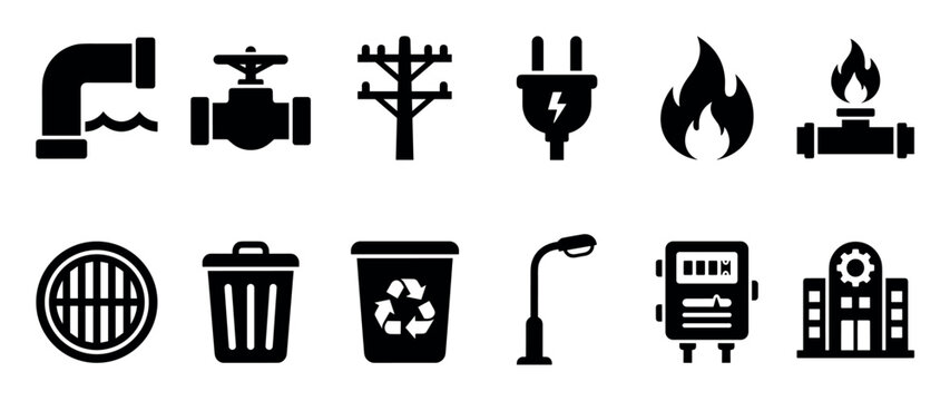 Set of black public utility icons representing municipal services like water, gas, electricity, and sanitation, designed in a simple, flat glyph style for infographics