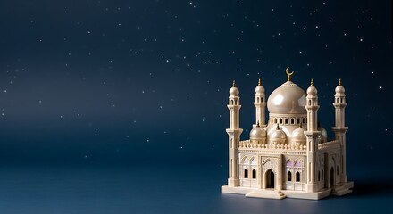Fototapeta premium Miniature of Mosque Made of Pearl at Blue Night Sky With Stars Background.