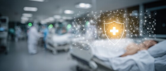 Blurry hospital scene with glowing digital shield and medical cross icon symbolizing health data protection and network security