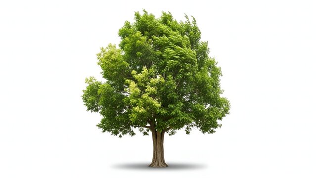 A beautiful green tree isolated on a white background with leaves rustling