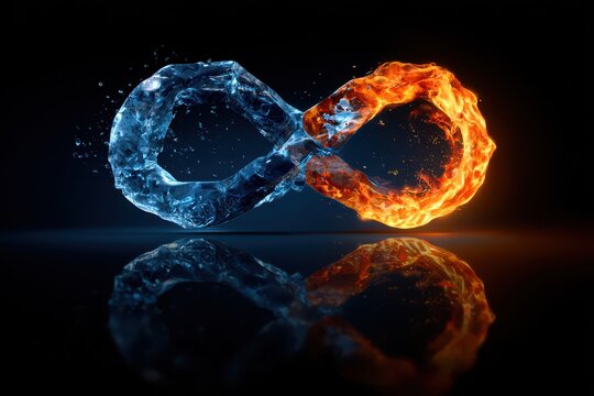 Cool blue ice meets hot orange fire in an elegant infinity symbol, moody lighting, cinematic digital artwork on black field