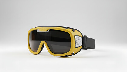Yellow and black ski goggles with dark lens and adjustable strap, isolated.