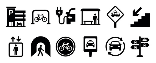 Set of black urban transportation icons representing public and private transit options like parking, EV charging, bus stops, bicycle lanes, taxis, and pedestrian navigation signs