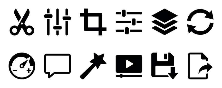 Set of black video editing icons for a user interface includes symbols for cut, crop, adjust, layers, refresh, save, and share, presented in a clean minimalist glyph style
